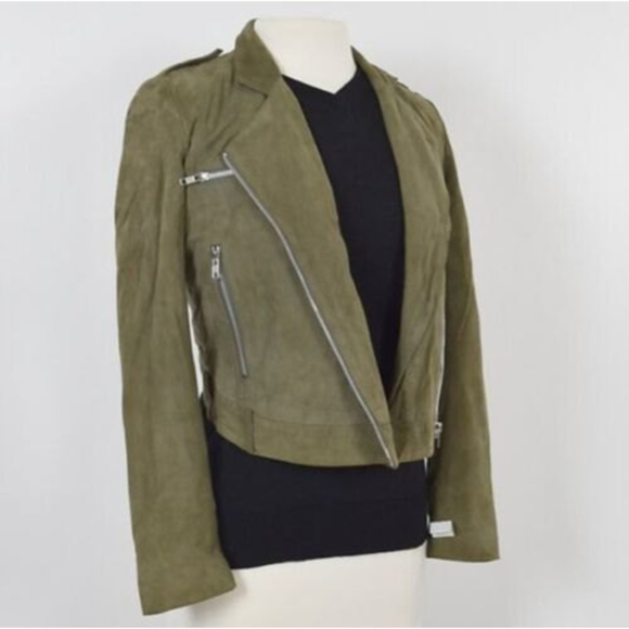 Whyred Suede Leather Moto Off Center Olive Green Zip Jacket Size 36 - Picture 7 of 11